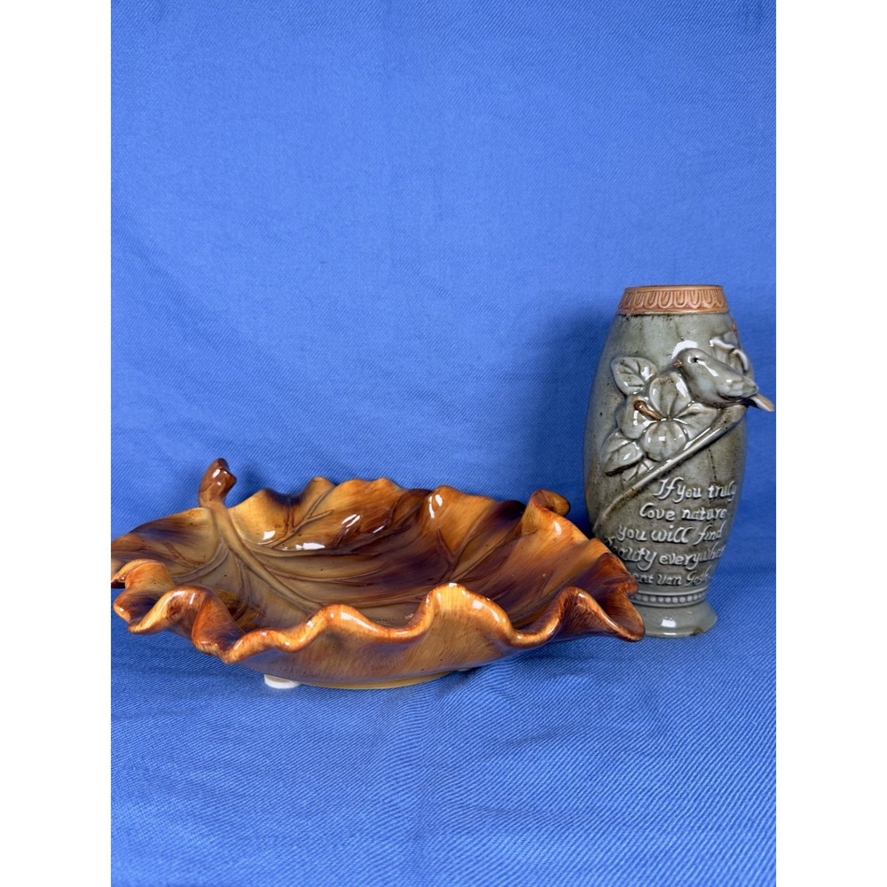 Leaf Trinket Dish & Floral Ceramic Vase Home Decor Set Rustic Autumn